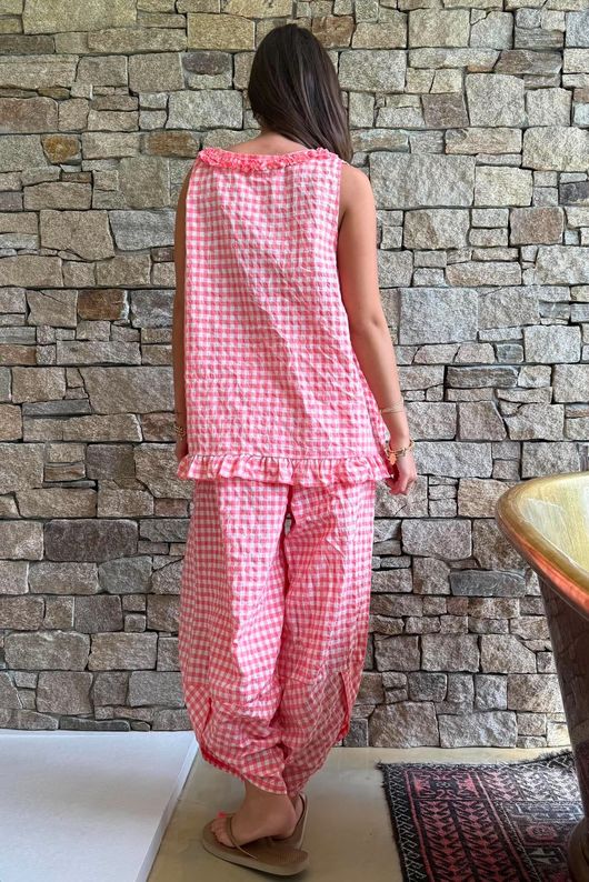 Nonni Gingham Ruffle Front Tank Sherbet Coral